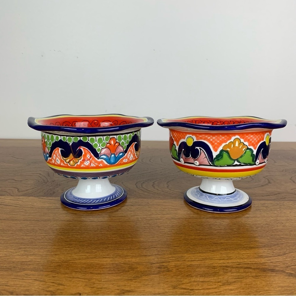 Pair Talavera Pedestal Bowl Stamped Hernandez Mexico Handmade Multicolor Floral